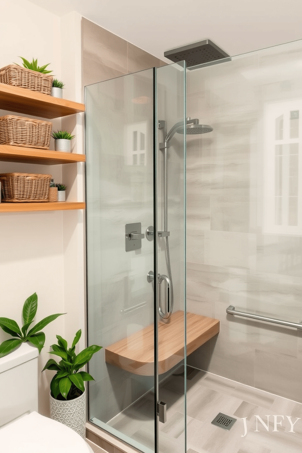 A contemporary bathroom featuring floating shelves that provide stylish storage solutions. The shelves are made of natural wood and are adorned with decorative baskets and potted plants for a touch of greenery. The walk-in shower is elegantly designed with large format tiles in a soft gray tone. A frameless glass door opens to reveal a rainfall showerhead and a built-in bench for added comfort.