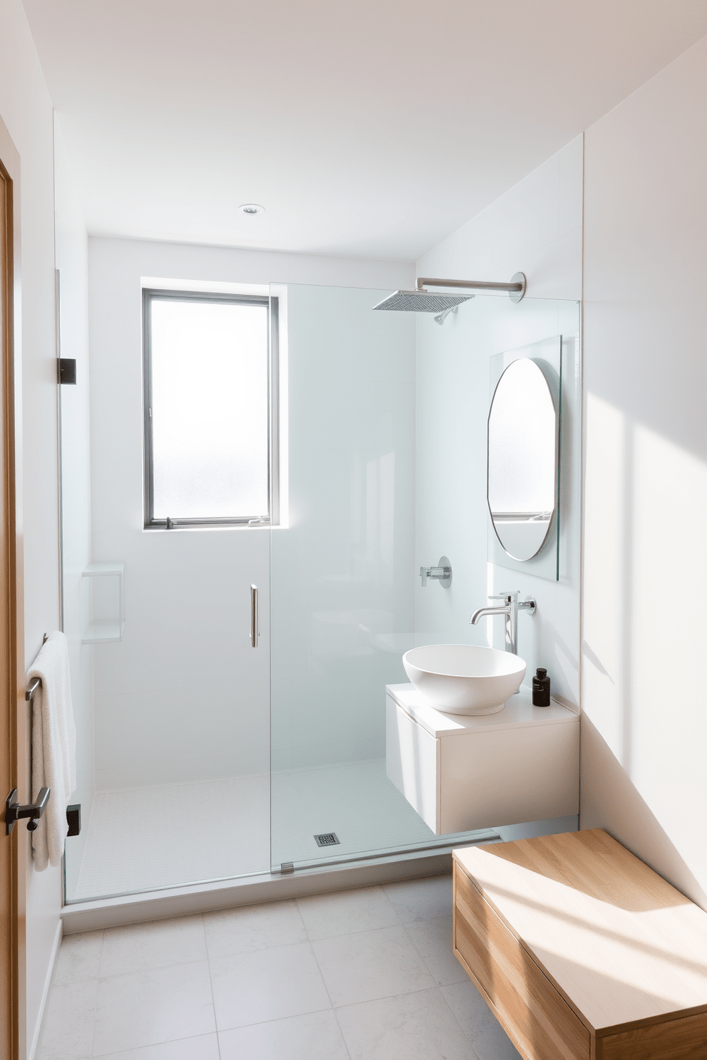 A serene walk-in shower bathroom featuring minimalist design with clean lines. The space is dominated by a large glass shower enclosure with a sleek rain shower head and a simple white tile backdrop. A floating vanity with a single basin sink complements the understated aesthetic. Natural light floods the room through a frosted window, enhancing the calm atmosphere with soft, neutral tones.