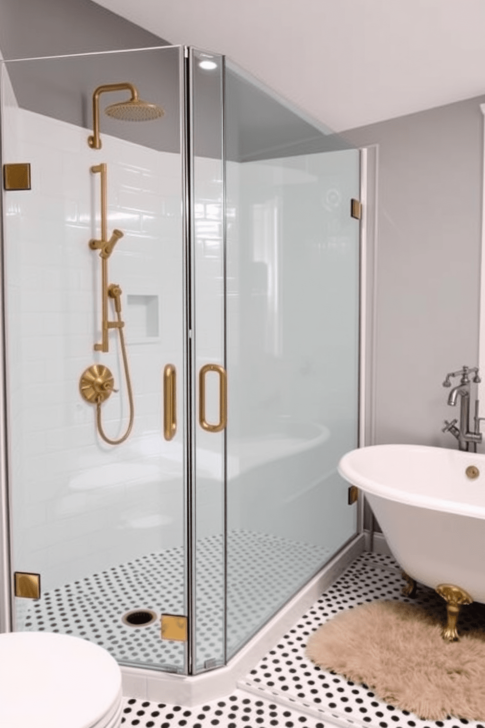 A walk-in shower featuring vintage fixtures adds a classic touch to the bathroom. The shower is enclosed with clear glass panels, showcasing elegant brass hardware and a rainfall showerhead. The walls are adorned with white subway tiles, while the floor boasts a hexagonal black and white pattern. A freestanding soaking tub sits adjacent, complemented by a vintage-style faucet and a plush area rug.