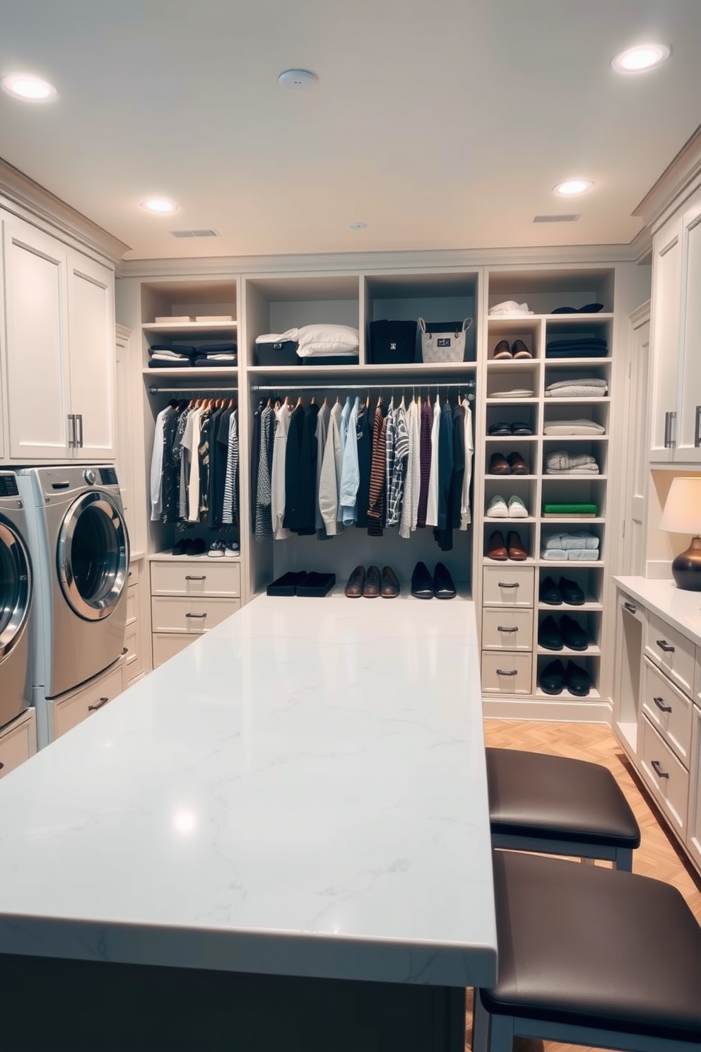 A spacious island with a smooth countertop is central to the laundry room, providing ample space for folding clothes. Surrounding the island are custom cabinetry and open shelving for easy access to laundry essentials. The walk-in closet features organized sections for hanging clothes and shoes, maximizing storage while maintaining a clean aesthetic. Soft lighting illuminates the space, creating a welcoming atmosphere for selecting outfits.