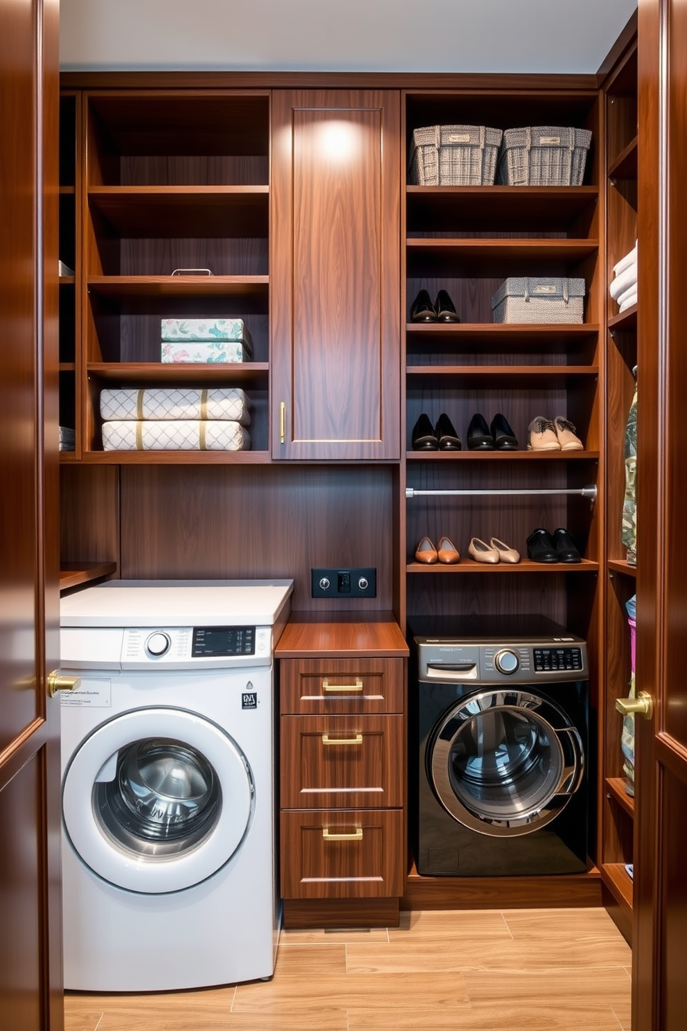 Custom cabinetry for personalized style. The cabinetry features a mix of open shelves and closed storage, crafted from rich walnut wood with sleek brass handles. Walk-in-Closet Laundry Room Combo Design Ideas. This space combines functional laundry appliances with a stylish closet setup, showcasing built-in shelving for shoes and accessories alongside a compact washer and dryer.