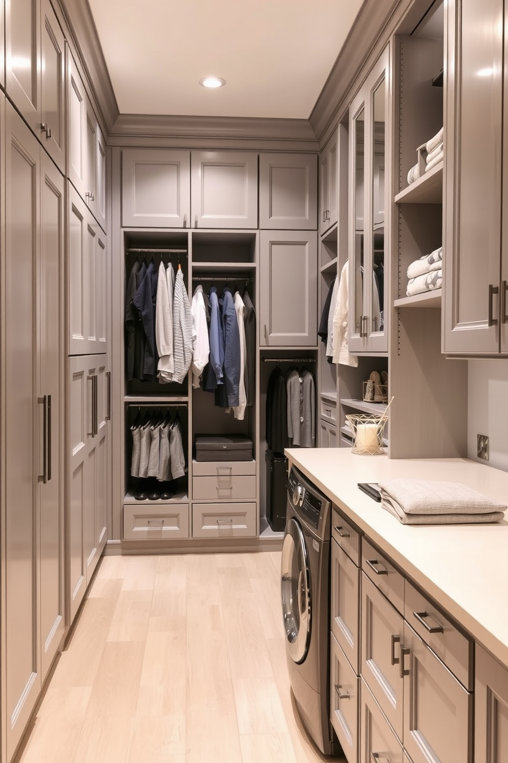 A spacious walk-in closet laundry room combo features floor-to-ceiling cabinetry in a soft gray finish. The design includes a central island with a countertop for folding clothes, while a stylish washer and dryer are seamlessly integrated into the cabinetry. The closet area is organized with adjustable shelving and hanging rods, ensuring ample storage for clothing and accessories. Soft lighting illuminates the space, creating a warm and inviting atmosphere for both laundry and wardrobe management.