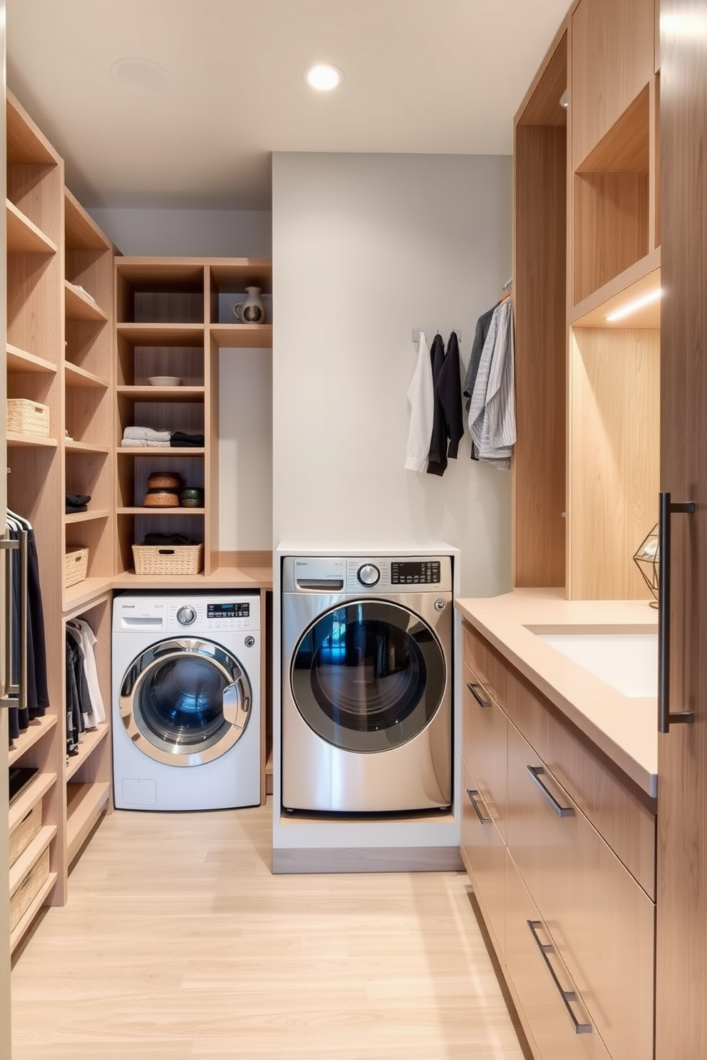 A seamless transition between a walk-in closet and a laundry room creates a functional yet stylish space. The closet features custom shelving and soft lighting, while the laundry area includes a sleek washer and dryer integrated into cabinetry. The design incorporates a neutral color palette with warm wood accents to enhance the flow. A spacious countertop for folding clothes is positioned conveniently between the two areas, ensuring both efficiency and elegance.