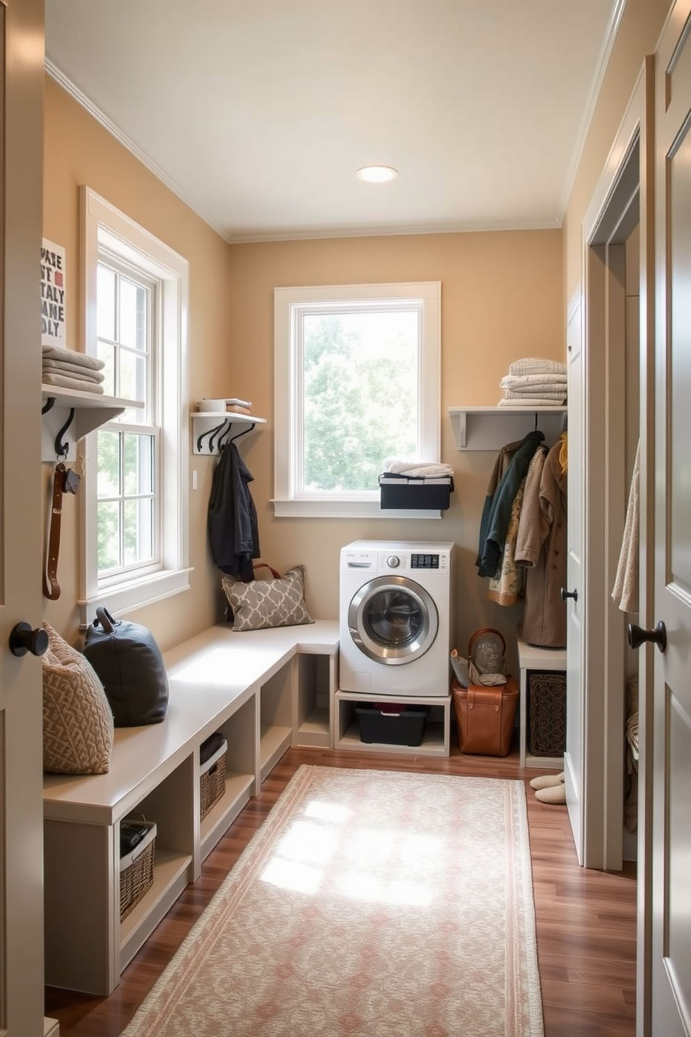 Functional mudroom entryway design. The space features built-in benches with storage underneath and hooks for coats. A large window allows natural light to flood the area, and the walls are painted in a warm neutral tone. Walk-in-Closet Laundry Room Combo Design Ideas. The layout includes shelving for folded clothes and a stackable washer and dryer tucked neatly into one corner. Soft LED lighting illuminates the space, and a stylish rug adds a touch of comfort underfoot.