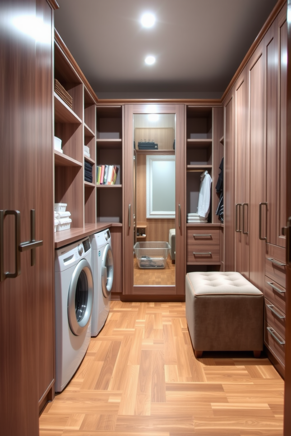 A stylish walk-in closet and laundry room combo featuring bamboo flooring for an eco-friendly choice. The space is designed with built-in shelving for organized storage and a modern washer and dryer tucked away behind elegant cabinetry. The closet area includes a full-length mirror and a plush ottoman for comfort. Soft lighting illuminates the space, creating a warm and inviting atmosphere while maximizing functionality.