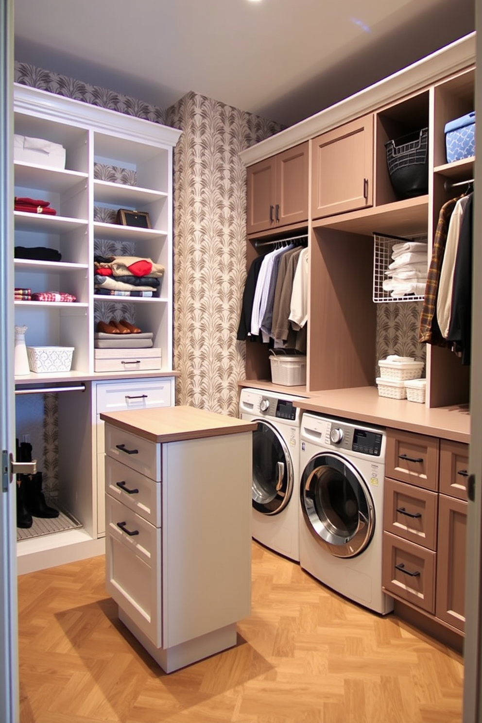 A stylish walk-in closet featuring decorative wallpaper that adds a touch of flair. The space includes built-in shelving and a central island with drawers for accessories. The laundry room combo is designed with functional cabinetry and a sleek countertop for folding clothes. A stacked washer and dryer unit is seamlessly integrated into the design, maximizing space efficiency.