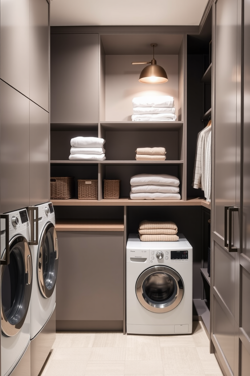 A stylish walk-in closet laundry room combo features hidden hampers seamlessly integrated into the cabinetry. The space is designed with sleek storage solutions that maintain a clutter-free look while providing easy access to laundry essentials. The walls are painted in a soft neutral tone, creating a calming atmosphere. Elegant lighting fixtures illuminate the area, highlighting the organized shelves and neatly folded linens.