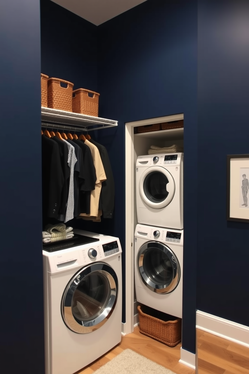 Accent wall with bold paint color. The wall features a deep navy blue hue that creates a striking focal point in the room. Walk-in-Closet Laundry Room Combo Design Ideas. The space includes custom shelving for clothing and a stacked washer and dryer tucked neatly in one corner.