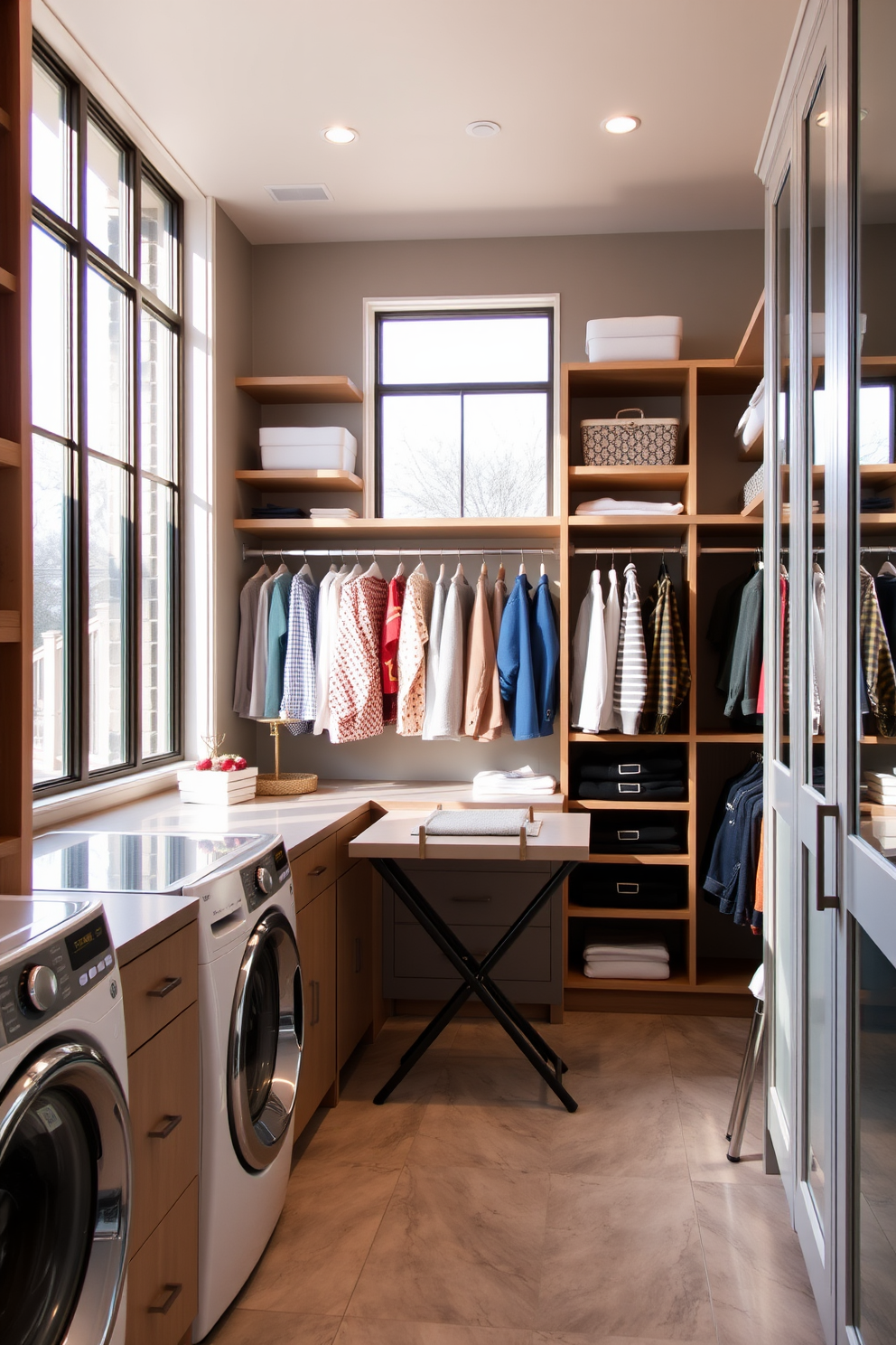 A spacious laundry room with a walk-in closet design. The area features large windows allowing natural light to flood in, illuminating the organized shelves and hanging space for clothes. The laundry appliances are integrated into cabinetry, providing a seamless look. A stylish folding station is positioned near the windows, enhancing functionality and aesthetics.