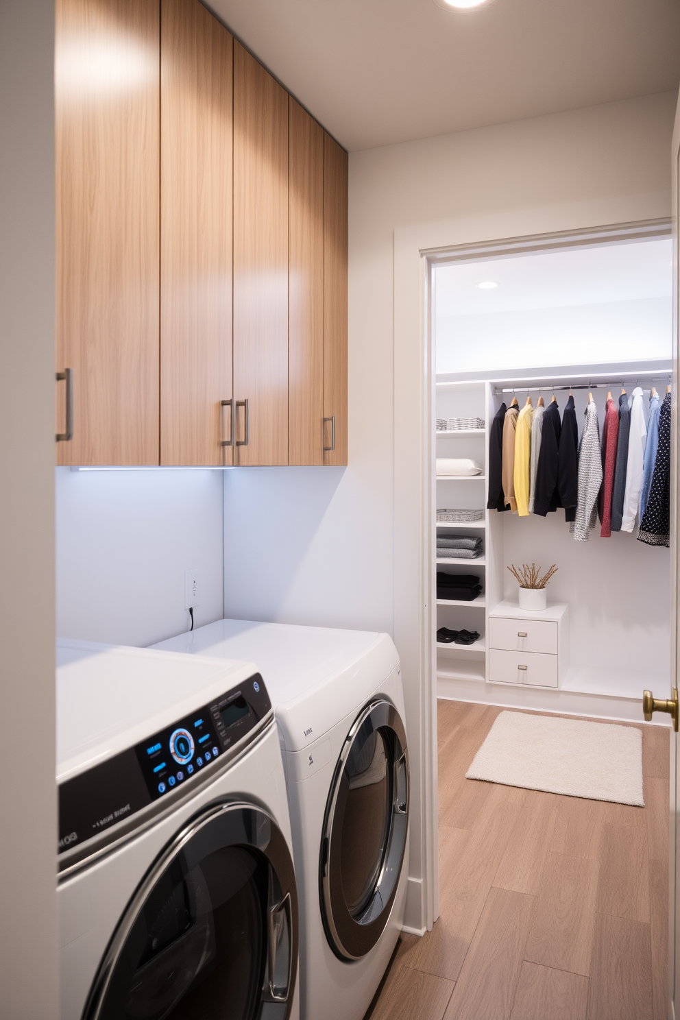 A modern laundry room that integrates smart technology for efficiency. The space features a sleek washer and dryer with a digital control panel, surrounded by ample cabinetry for storage. Adjacent to the laundry area, a spacious walk-in closet offers organized shelving and hanging space. Soft LED lighting illuminates the room, creating a bright and inviting atmosphere for easy access to clothing and accessories.