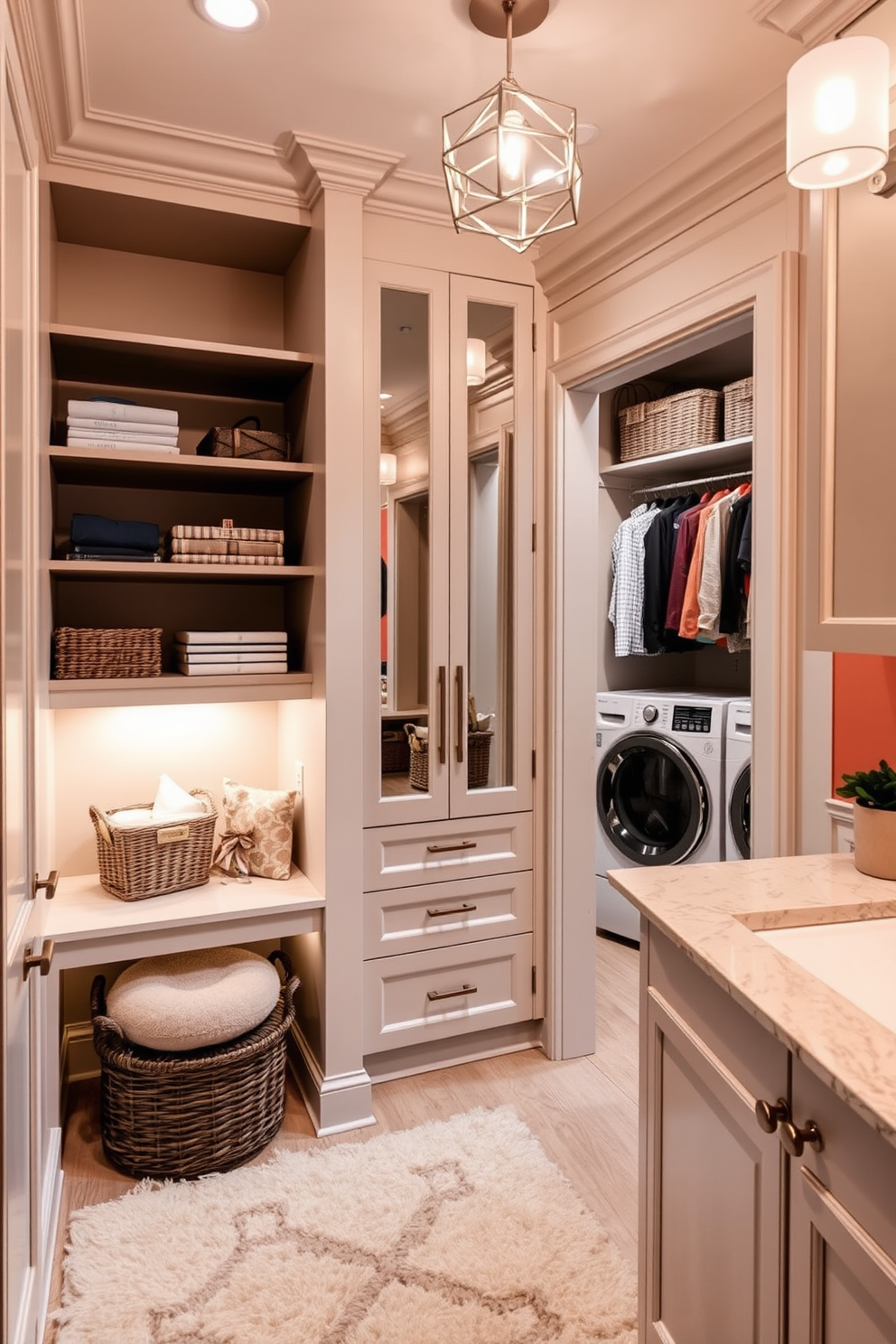 A cozy corner nook designed for additional storage features built-in shelving that seamlessly integrates with the surrounding decor. Soft lighting illuminates the space, highlighting decorative baskets and books that add personality while maintaining organization. The walk-in closet combines functionality and style with custom cabinetry that maximizes storage efficiency. Elegant lighting fixtures and a plush area rug create a welcoming atmosphere, making it a perfect space for dressing and organizing clothing. The laundry room combo design showcases a practical layout with stacked washer and dryer units cleverly tucked into cabinetry. A folding station with ample countertop space enhances usability, while vibrant wall colors and decorative accents make the room inviting and cheerful.