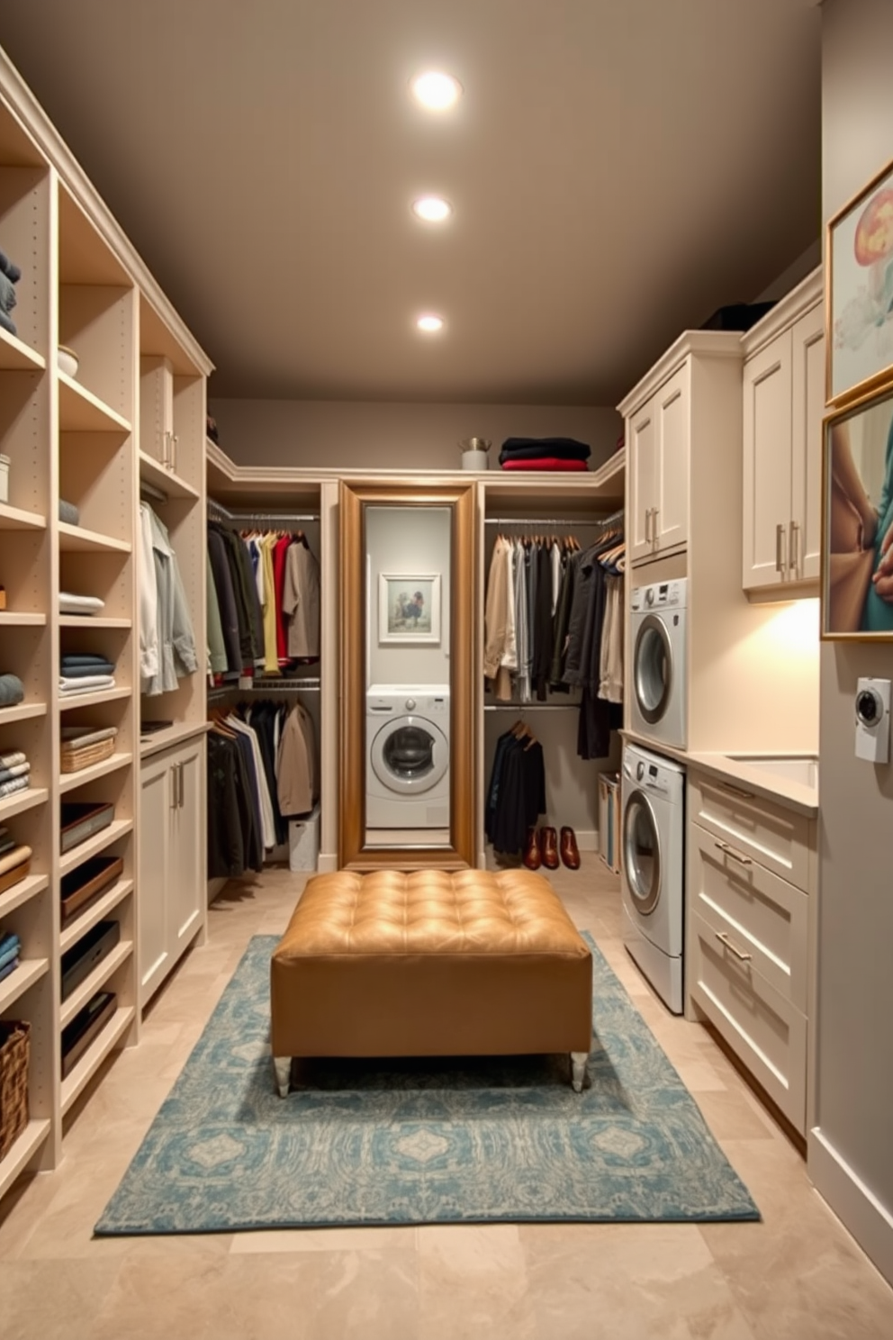 A stylish walk-in closet features custom shelving and hanging space for clothes. A plush ottoman sits in the center, surrounded by soft lighting and a full-length mirror. The laundry room combo is efficiently designed with stacked appliances and ample counter space for folding. Bright cabinetry enhances the space, while a decorative backsplash adds a touch of personality. Artwork is displayed on the walls to personalize the space, creating an inviting atmosphere. A mix of framed prints and canvas pieces adds color and character, making the area feel uniquely yours.