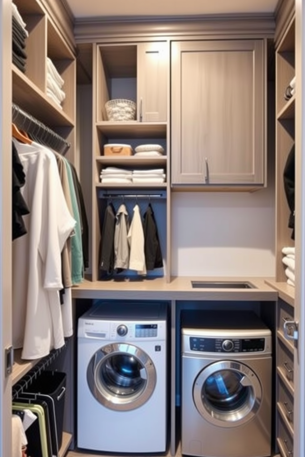 A stylish walk-in closet featuring adjustable shelving that allows for personalized organization. The space includes a combination of hanging rods and cubbies to accommodate various clothing styles and accessories. The laundry room area is seamlessly integrated into the closet design, showcasing a compact washer and dryer. A countertop for folding clothes and storage cabinets above provide functionality and keep the space tidy.