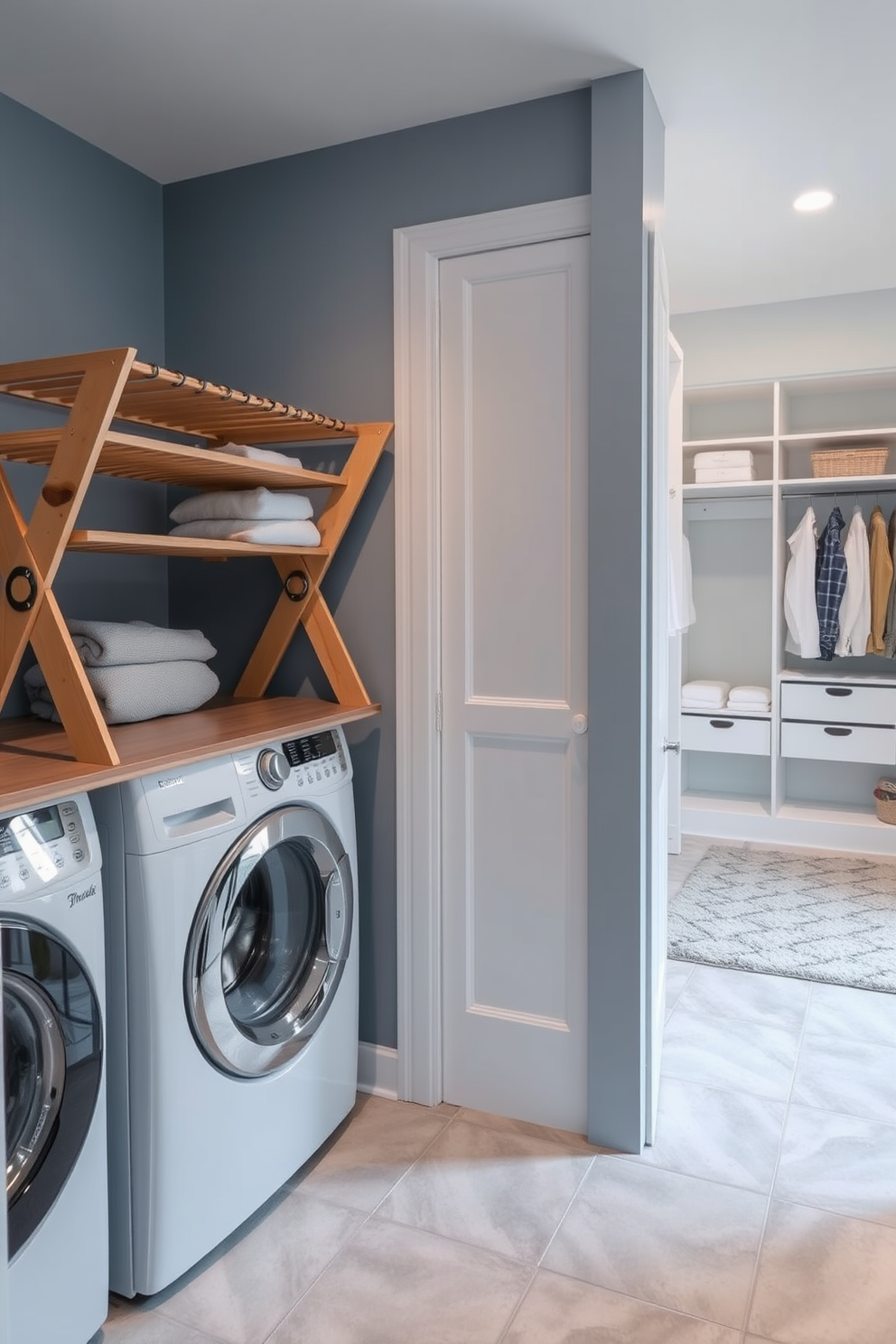 A stylish laundry area featuring a dedicated drying rack made of natural wood. The walls are painted in a soft blue hue, and the floor is tiled with light gray ceramic tiles for easy cleaning. Adjacent to the laundry area is a spacious walk-in closet designed for optimal organization. The closet includes built-in shelves, hanging rods, and a plush area rug to add comfort and style.