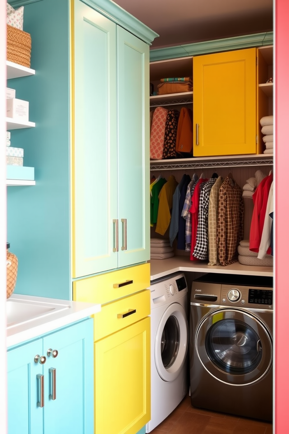 Colorful cabinetry for playful vibe. The cabinets are painted in bright hues like teal, yellow, and coral, creating a cheerful atmosphere. Walk-in-Closet Laundry Room Combo Design Ideas. The space features organized shelving for clothes and laundry essentials, with a stylish folding station integrated into the design.