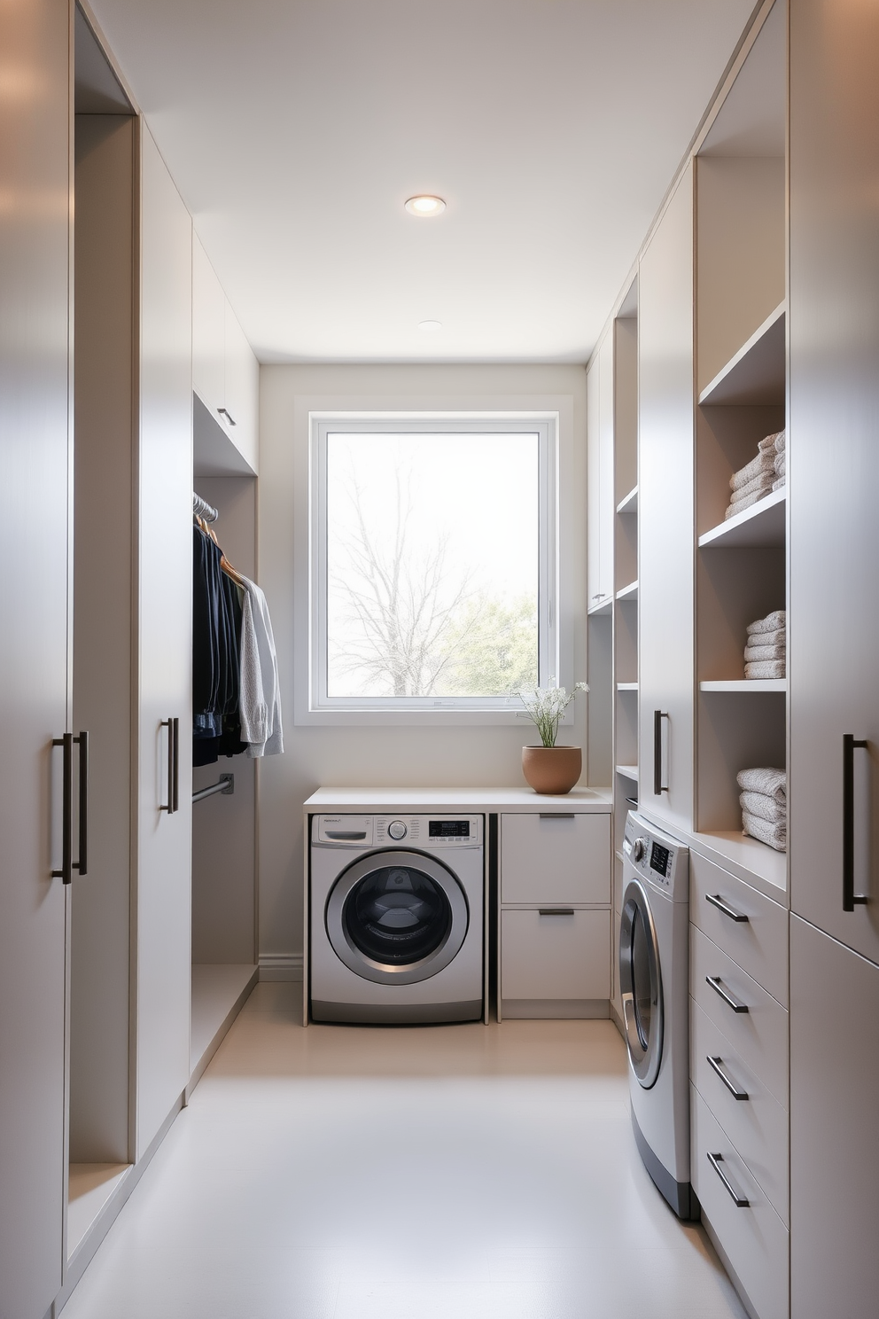 A minimalist walk-in closet and laundry room combo features sleek cabinetry with clean lines and a neutral color palette. The space is designed for functionality, incorporating a folding station and open shelving for easy access to clothing and laundry essentials. Natural light floods the area through a large window, highlighting the organized layout. Simple, modern fixtures and a seamless floor create a cohesive look that emphasizes simplicity and elegance.