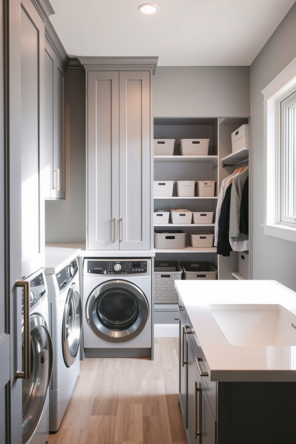 A modern laundry room featuring stacked washer and dryer units seamlessly integrated into cabinetry. The space includes a walk-in closet area with ample shelving and hanging space, creating an efficient laundry and storage solution. The walls are painted in a soft gray tone, complemented by a sleek white countertop for folding clothes. Natural light floods in through a window, illuminating the organized shelves filled with laundry essentials and stylish storage bins.