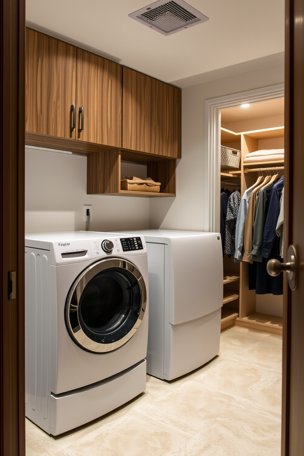 A functional laundry room that seamlessly integrates with a spacious walk-in closet. The design features accessible power outlets strategically placed for convenience and efficiency. The walk-in closet includes custom shelving and hanging space, enhancing organization and accessibility. Soft lighting illuminates the area, creating a welcoming atmosphere for both laundry and storage needs.