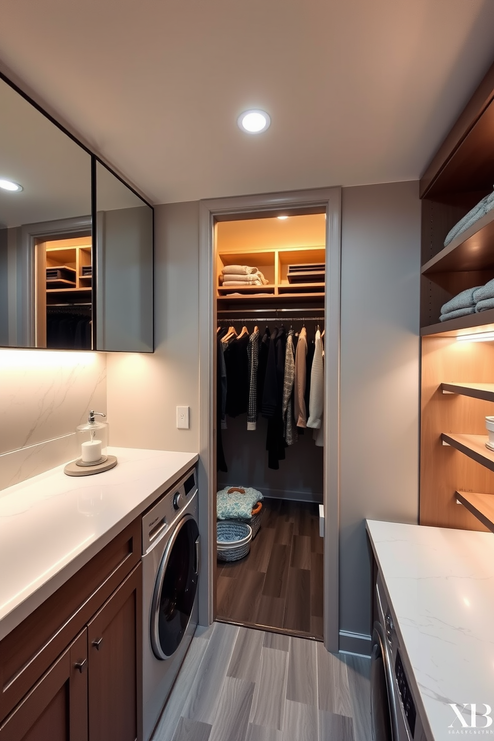 A luxurious laundry room combo featuring a walk-in closet. The space includes lighted mirrors for enhanced visibility, positioned above a sleek countertop with ample storage underneath. The walk-in closet is designed with custom shelving and hanging space. Soft, ambient lighting creates a warm atmosphere, perfect for organizing clothes and accessories.