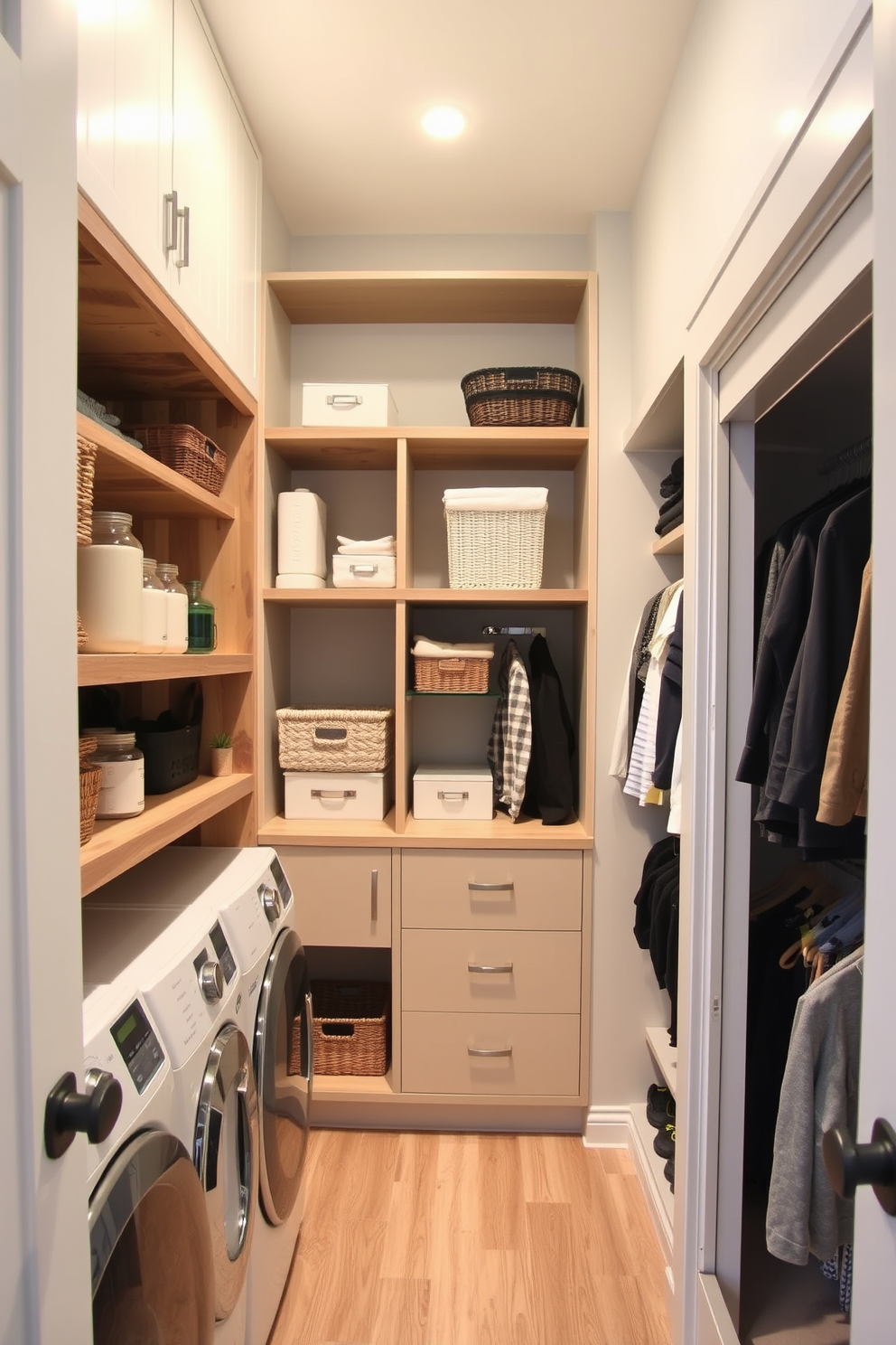 A modern laundry room with open shelving for easy access to laundry supplies. The shelves are made of reclaimed wood and are neatly organized with baskets and jars, providing a clean and functional space. The walk-in closet features ample storage with built-in cabinetry and hanging space. Soft lighting highlights the organized layout, making it easy to find and access clothing and accessories.