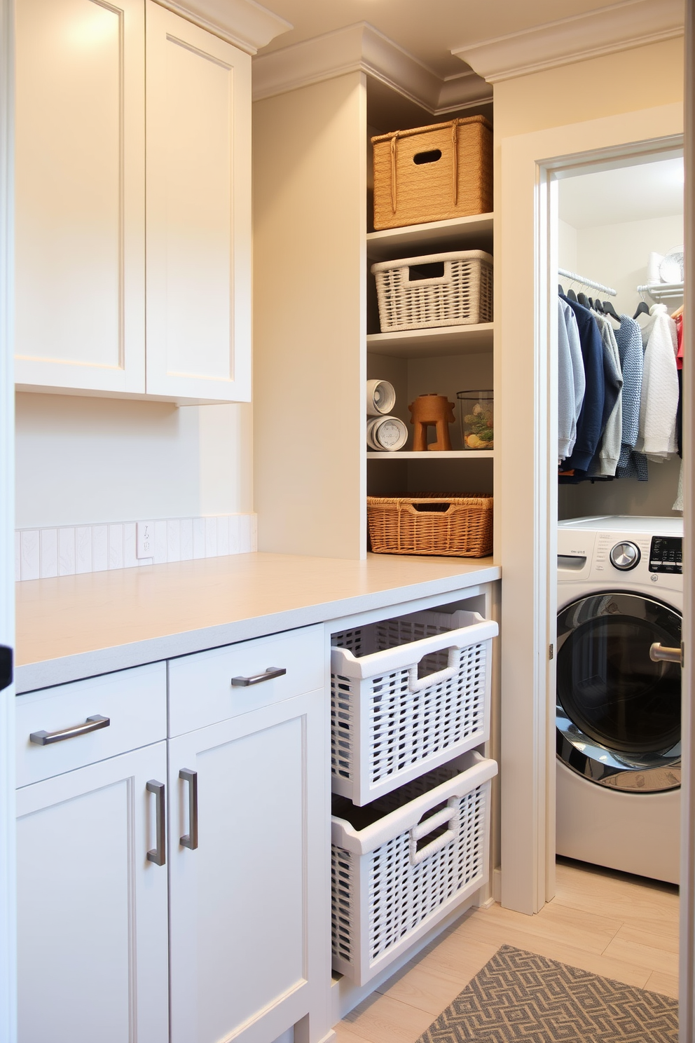 A functional laundry room featuring integrated laundry basket drawers for convenience. The design includes a spacious walk-in closet area that seamlessly combines with the laundry space, maximizing storage and accessibility.