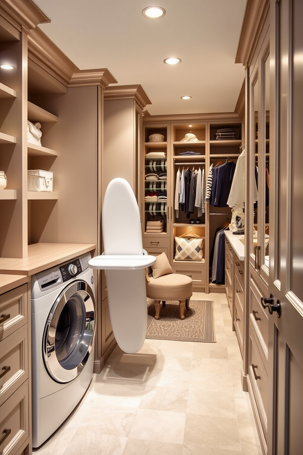 A stylish laundry room featuring an integrated ironing board seamlessly hidden within the cabinetry. The space is designed with ample storage, including shelves and drawers, while maintaining a clean and organized look. A luxurious walk-in closet that combines functionality with elegance, showcasing custom cabinetry and built-in lighting. The design includes a central island for accessories, full-length mirrors, and a cozy seating area for convenience.