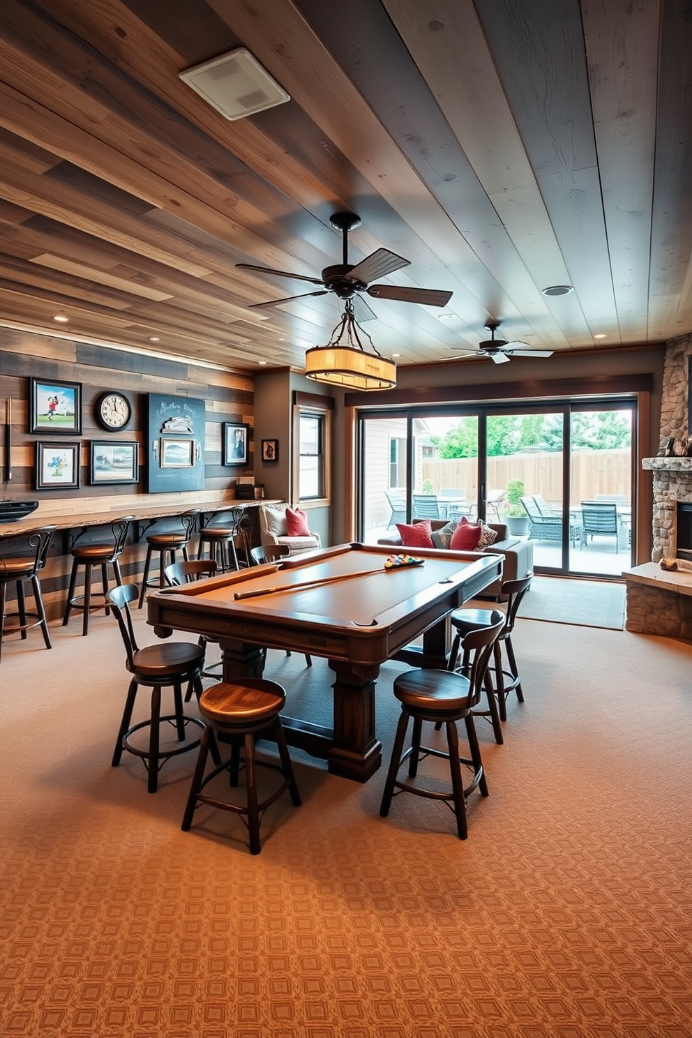 A rustic game room features a classic wooden pool table at its center surrounded by vintage-style bar stools. The walls are adorned with reclaimed wood paneling and there are framed sports memorabilia and rustic artwork throughout the space. The walkout basement is designed with large sliding glass doors that lead to an outdoor patio. Cozy seating areas with plush sofas and a stone fireplace create an inviting atmosphere perfect for entertaining.