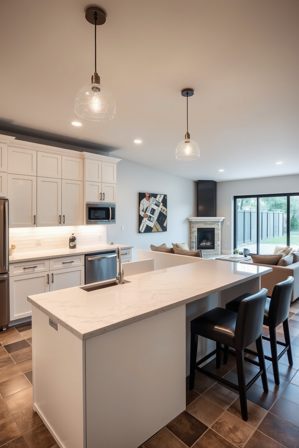 A sleek kitchenette designed for entertaining guests features a large island with bar seating, topped with a polished quartz countertop. The cabinetry is a glossy white finish, complemented by stainless steel appliances and stylish pendant lighting overhead. The walkout basement design incorporates large sliding glass doors that open to a patio, allowing natural light to flood the space. Cozy seating areas with plush sofas and a modern fireplace create an inviting atmosphere for relaxation and social gatherings.