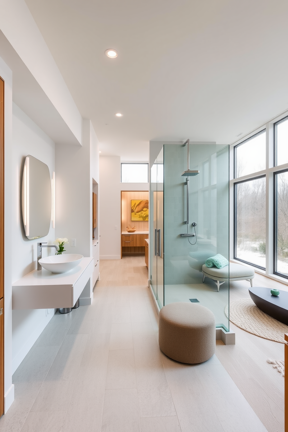 A contemporary bathroom featuring sleek fixtures and a minimalist aesthetic. The space includes a floating vanity with a vessel sink and a large frameless shower with a rain showerhead. For the walkout basement, envision a cozy yet modern living area with large windows that provide ample natural light. The design incorporates a comfortable seating arrangement, a small kitchenette, and warm wood accents throughout the space.