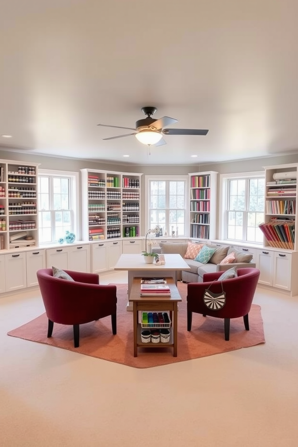 Chic craft room with organized supplies. The room features a large central table surrounded by comfortable chairs, with shelves lined with neatly arranged jars of paint and rolls of colorful paper. Walkout basement design ideas. This space includes a cozy seating area with a sectional sofa, a coffee table, and large windows that let in natural light, creating an inviting atmosphere.