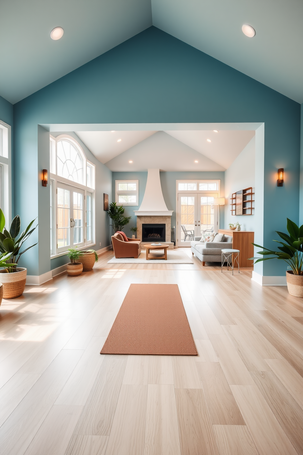 A serene yoga space with calming colors features soft blue walls and natural light streaming through large windows. The room is adorned with a light wooden floor, a plush yoga mat in the center, and potted plants in the corners to enhance the tranquil atmosphere. The walkout basement design includes an open layout with comfortable seating and a cozy fireplace. Large glass doors lead to an outdoor patio, while warm lighting fixtures create an inviting ambiance throughout the space.