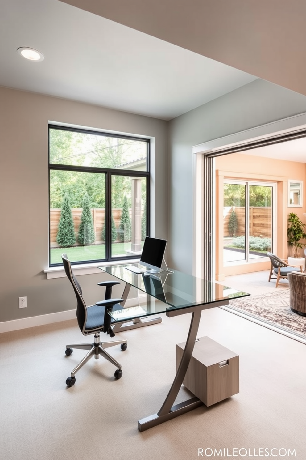 A modern home office filled with natural light features a sleek glass desk positioned near a large window. The walls are painted in a soft gray, and a stylish ergonomic chair complements the minimalist aesthetic. A walkout basement design showcases an inviting space with large sliding doors that open to a lush backyard. The area includes cozy seating arrangements, warm lighting, and a blend of natural wood and stone finishes for a rustic yet modern feel.