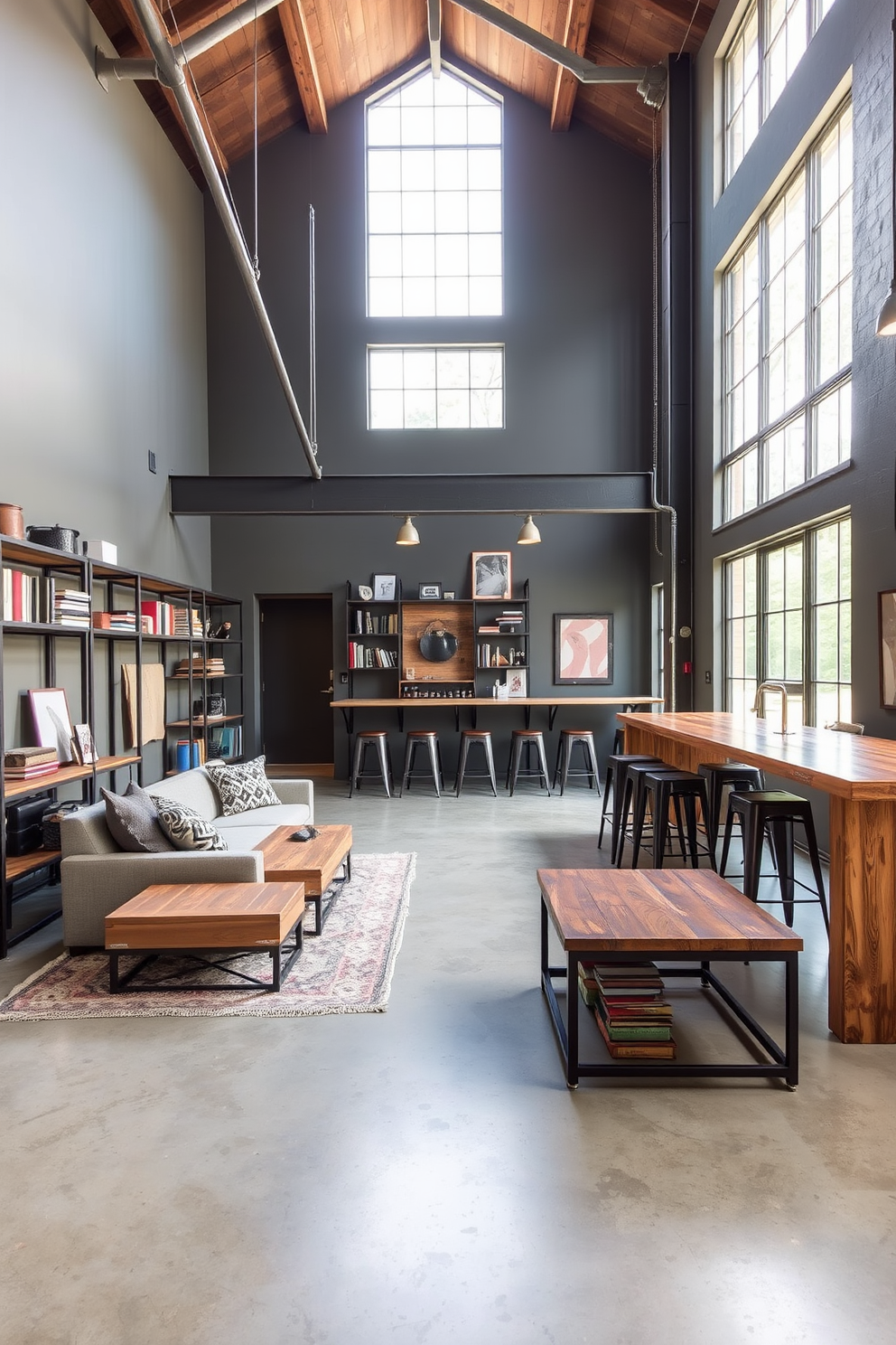 An industrial style walkout basement featuring exposed beams and large windows that allow natural light to flood the space. The flooring is polished concrete, complemented by a cozy area rug in the seating area, which includes a sectional sofa and a reclaimed wood coffee table. The walls are painted in a deep gray tone, accentuated by metal shelving units displaying books and decorative items. A bar area with industrial-style stools and a rustic wooden countertop adds functionality to the space, creating an inviting atmosphere for entertaining guests.