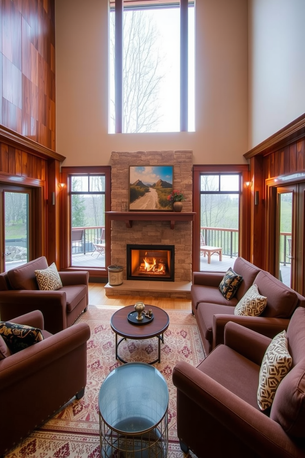 A warm fireplace serves as the focal point of the walkout basement, creating an inviting atmosphere. Surrounding the fireplace, comfortable seating is arranged to encourage relaxation and conversation. The walls are adorned with rich wood paneling, enhancing the cozy feel of the space. Large windows allow natural light to flood in, seamlessly connecting the indoor area with the outdoor landscape.