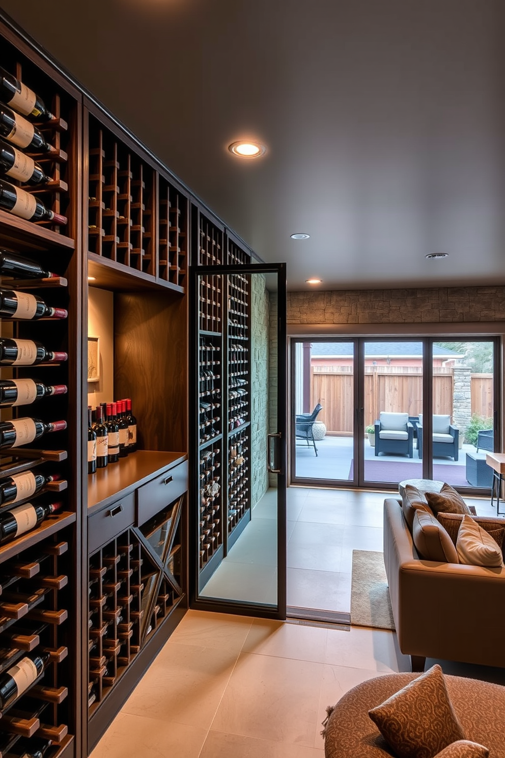 A trendy wine cellar featuring custom wooden racks that elegantly display a curated selection of fine wines. Soft ambient lighting highlights the bottles while a rustic stone wall adds character to the space. A walkout basement designed for entertainment and relaxation, featuring a spacious lounge area with comfortable seating. Large glass doors open to a patio, seamlessly blending indoor and outdoor living spaces.