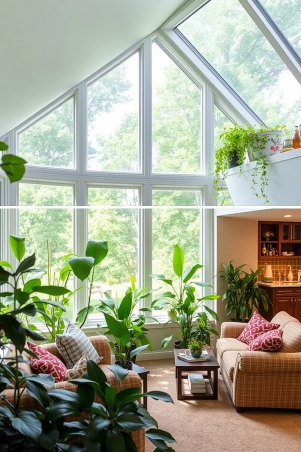 Bright sunroom filled with an array of lush green plants. Large windows allow natural light to flood the space, creating a warm and inviting atmosphere. Cozy walkout basement designed for relaxation and entertainment. Soft lighting highlights comfortable seating areas, while a bar nook adds a touch of sophistication.