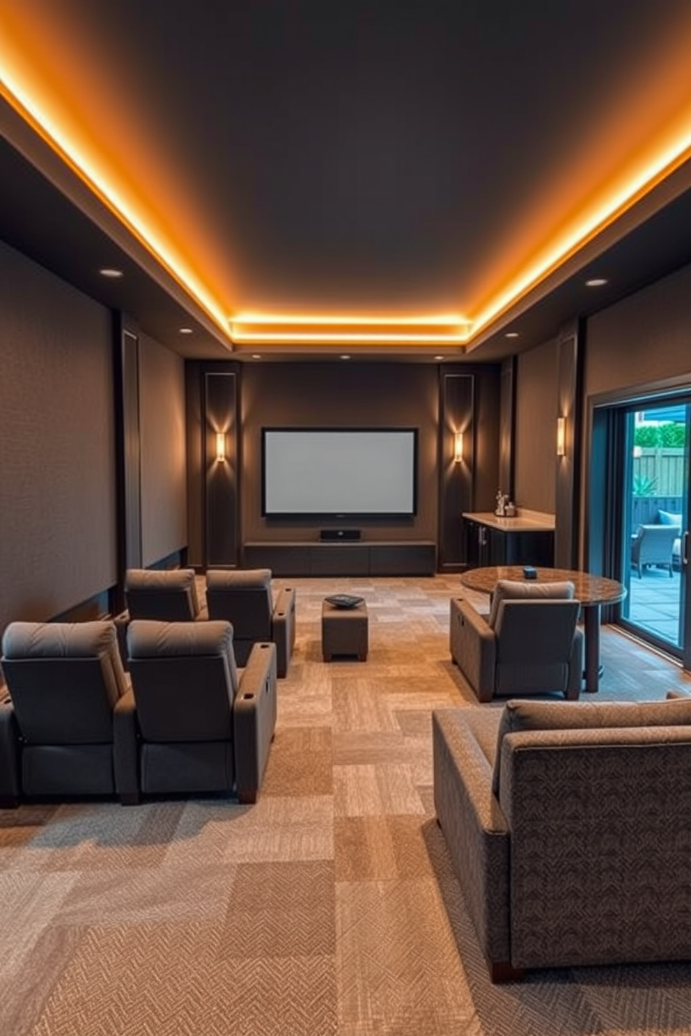 Cozy movie theater with soundproofing. The room features plush reclining seats arranged in a staggered formation, with a large screen mounted on the front wall. Soft ambient lighting is integrated into the ceiling, creating a warm atmosphere. Dark acoustic panels line the walls, enhancing sound quality and minimizing outside noise. Walkout basement design ideas. The space includes large sliding glass doors that open to a patio, allowing natural light to flood in. Stylish furniture is arranged for both relaxation and entertainment, with a wet bar located in one corner for convenience.