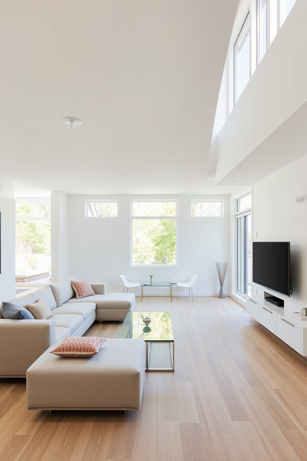 A modern minimalist walkout basement features an open layout with large windows that invite natural light. The walls are painted in a soft white, and the flooring is a light oak, creating a bright and airy atmosphere. The space includes a sleek sectional sofa in a neutral tone, paired with a simple coffee table made of glass and metal. A minimalist entertainment unit is mounted against one wall, showcasing a flat-screen TV and a few decorative elements.