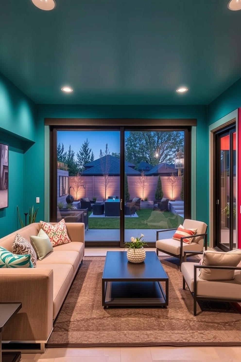 Colorful accent walls for visual interest. The walls are painted in vibrant hues like teal and coral, creating a lively atmosphere that complements the modern furnishings. Walkout basement design ideas. The space features large sliding glass doors that open to a beautifully landscaped backyard, with cozy seating areas and ambient lighting for evening gatherings.