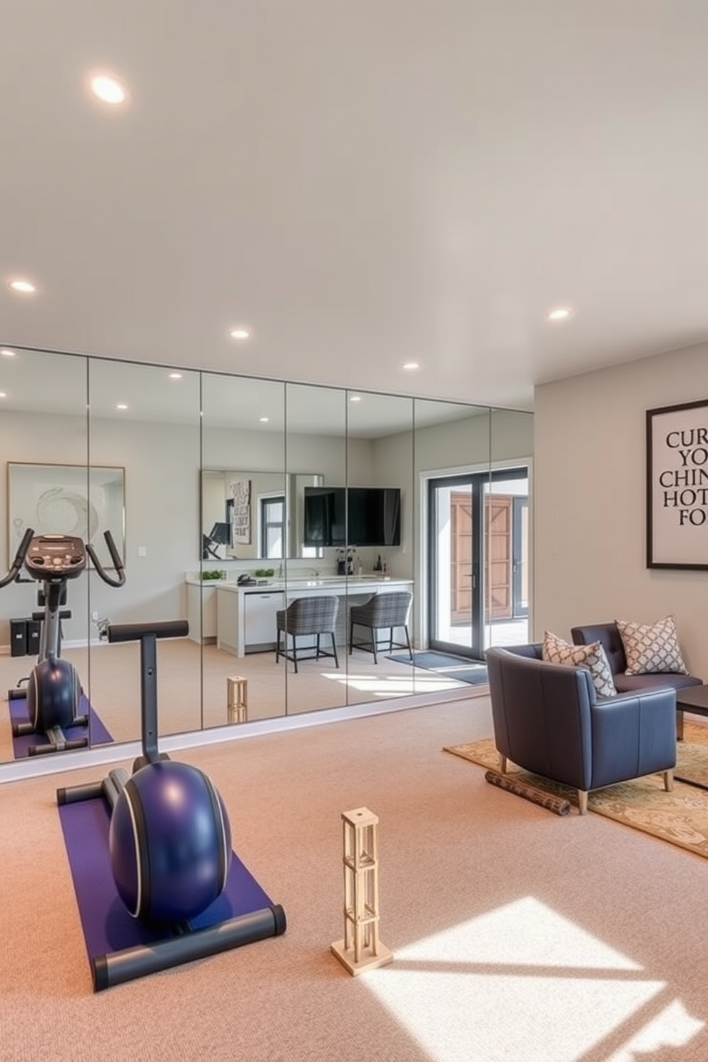 A stylish home gym featuring mirrored walls that reflect natural light. The space includes modern exercise equipment, a yoga mat, and motivational wall art to inspire workouts. Walkout basement design ideas that create a seamless transition from indoor to outdoor living. The area is designed with comfortable seating, a wet bar, and large sliding glass doors leading to a landscaped patio.