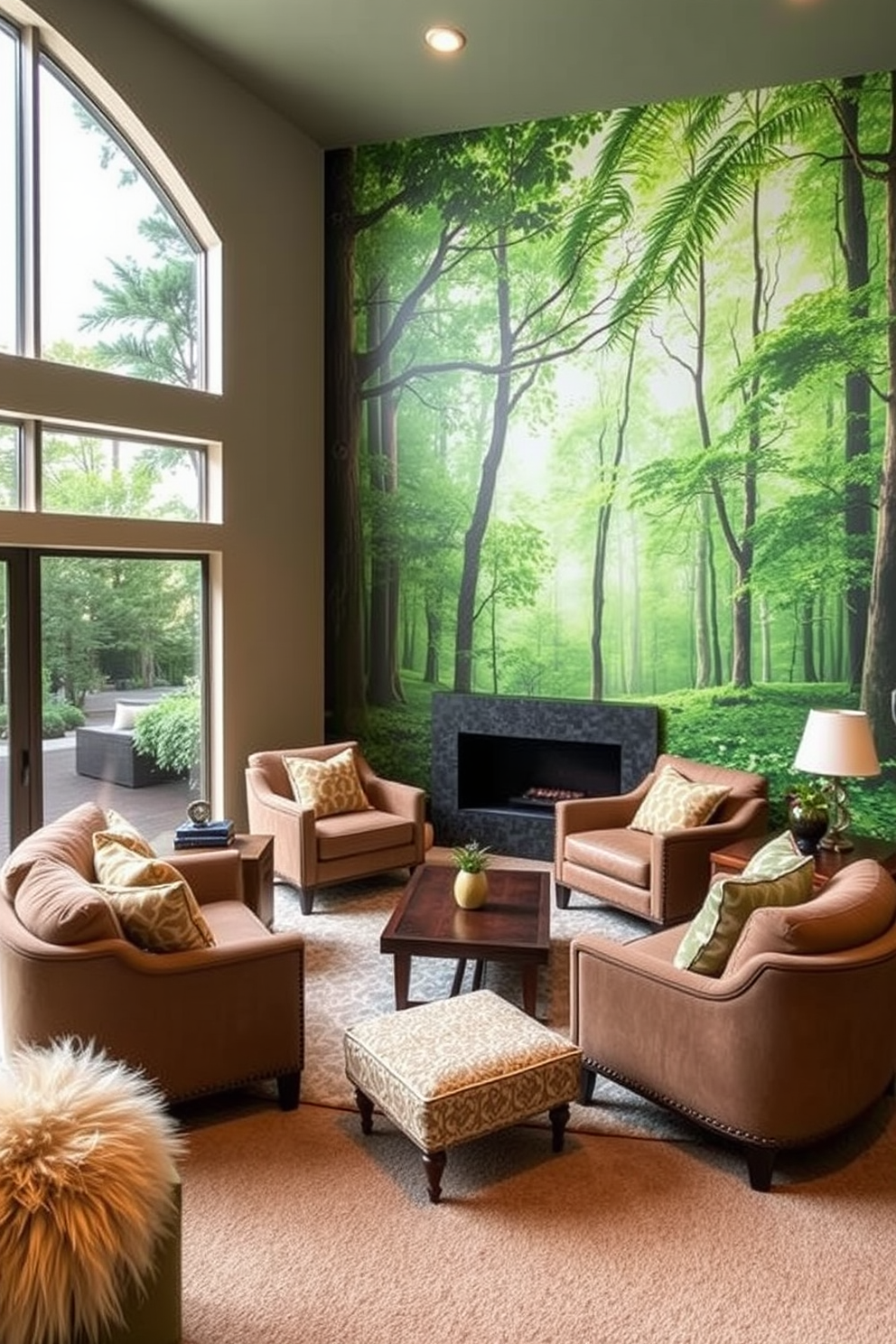 A vibrant mural depicting a serene forest scene covers one wall, bringing nature indoors and creating a calming atmosphere. The color palette features shades of green and soft browns, enhancing the sense of tranquility in the space. The walkout basement design boasts large windows that flood the area with natural light, making it feel open and inviting. Cozy seating arrangements with plush furniture are positioned around a central coffee table, perfect for gatherings or relaxation.