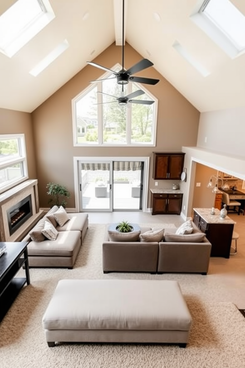 Inviting family room with a spacious sectional sofa that faces a modern fireplace. Large windows allow natural light to flood the room, creating a warm and welcoming atmosphere. Walkout basement design featuring an open layout with a cozy seating area and a small kitchenette. Neutral tones and soft lighting enhance the inviting feel, while sliding glass doors lead to an outdoor patio.