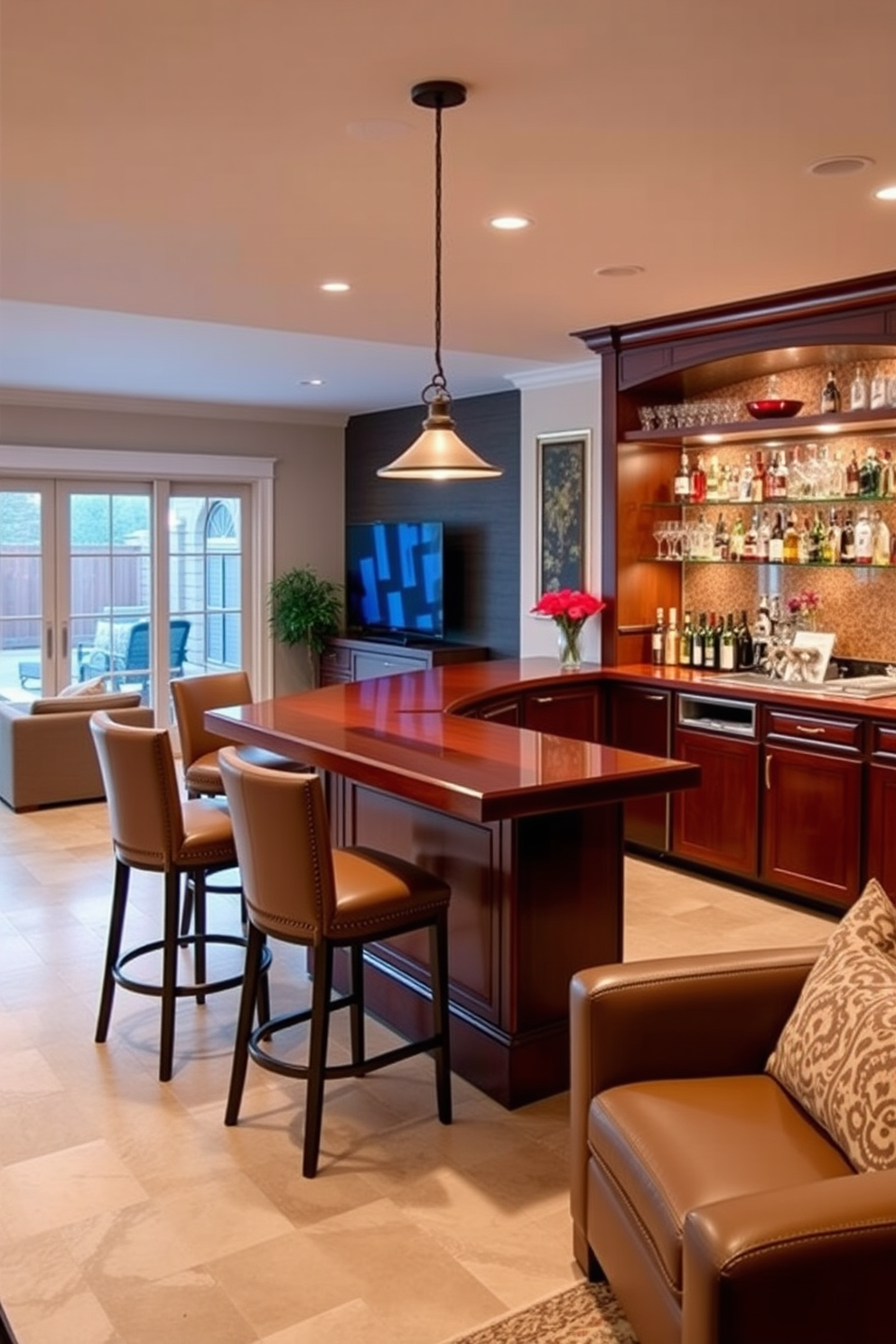 Charming bar area with high stools. The bar features a polished wooden countertop with pendant lighting above, and shelves stocked with an array of spirits and glassware. Walkout basement design ideas. The space includes large sliding glass doors that open to a patio, with cozy seating arrangements and warm lighting creating an inviting atmosphere.