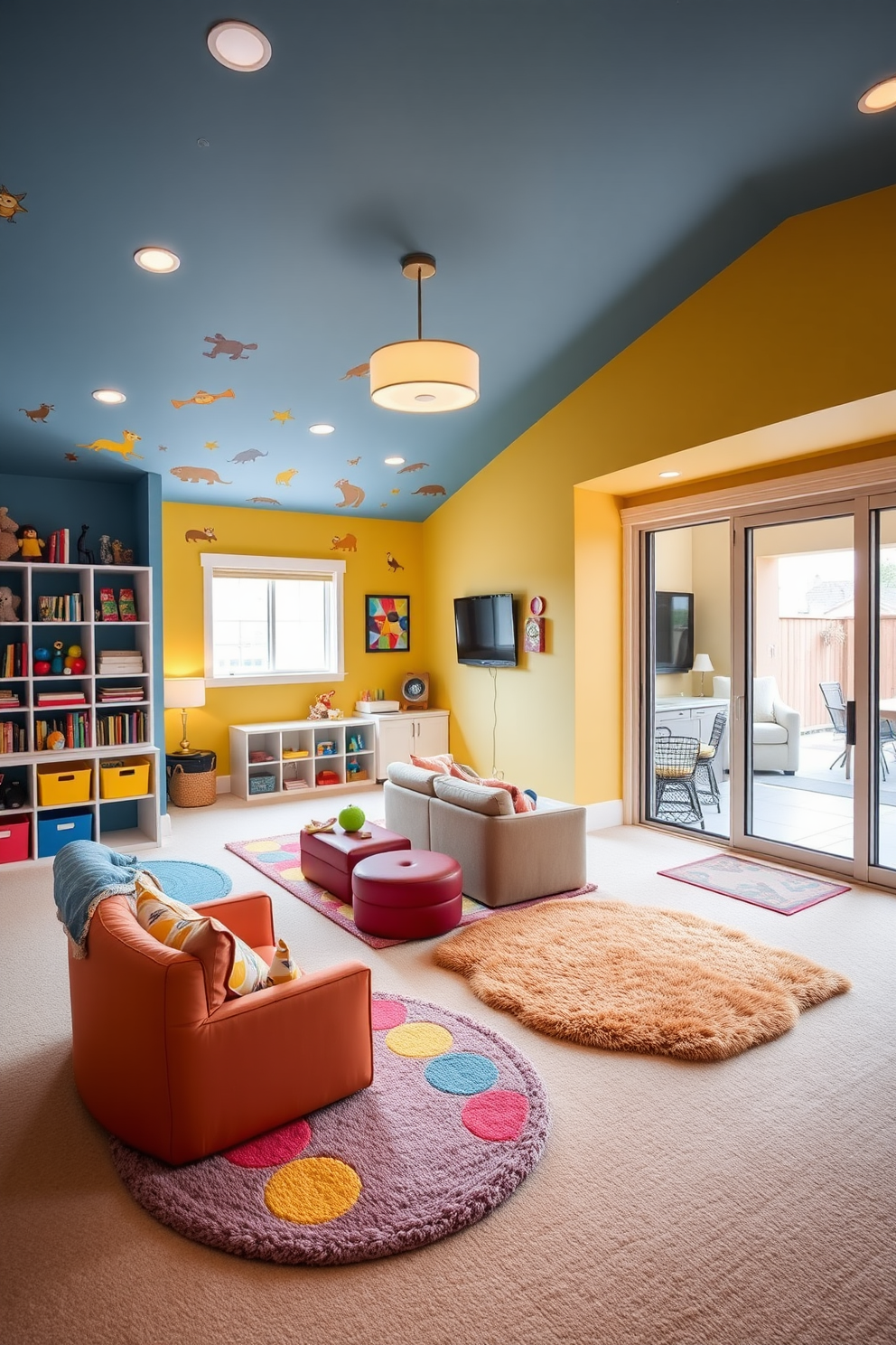 Bright playroom with colorful decor. The walls are painted in vibrant shades of blue and yellow, adorned with playful wall decals of animals and shapes. Soft, plush rugs in various colors cover the floor, providing a cozy area for play. Shelves filled with toys and books are arranged neatly, and a large window allows natural light to flood the space. Walkout basement design ideas. The area features a spacious layout with comfortable seating and a large entertainment center for family gatherings. Large sliding glass doors open to a patio, seamlessly blending indoor and outdoor living. Warm lighting fixtures create an inviting atmosphere, while a wet bar enhances the functionality of the space.