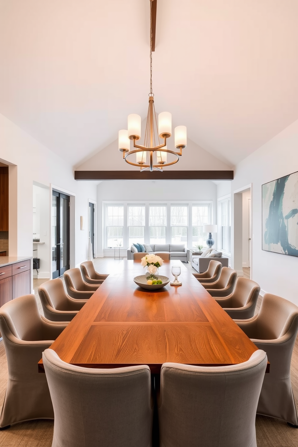 Elegant dining area with large table. The space features a stunning wooden table that seats eight, surrounded by upholstered chairs in a soft gray fabric. A modern chandelier hangs above, casting a warm glow over the table. The walls are painted a crisp white, complemented by a large piece of abstract art that adds a pop of color. Walkout basement design ideas. The area is designed with large windows that allow natural light to flood in, creating an inviting atmosphere. A cozy seating arrangement with a sectional sofa and a coffee table is positioned to encourage relaxation and conversation.