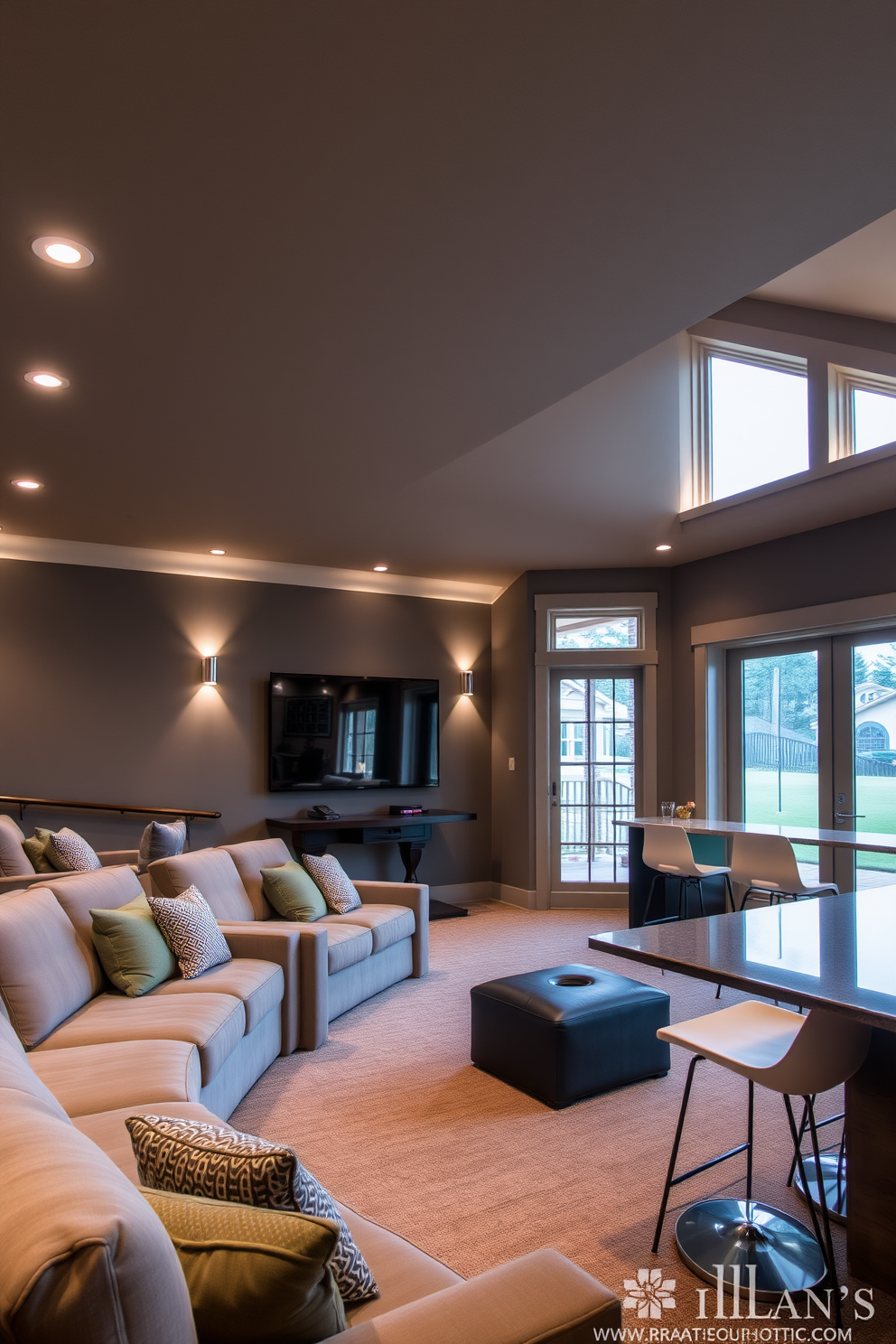 A relaxing media room featuring plush seating arranged in a cozy configuration. The walls are painted in a soft gray hue, complemented by ambient lighting that creates a warm atmosphere. In the walkout basement, large windows allow natural light to flood the space, highlighting the open layout. The design includes a stylish bar area with modern stools, perfect for entertaining guests.