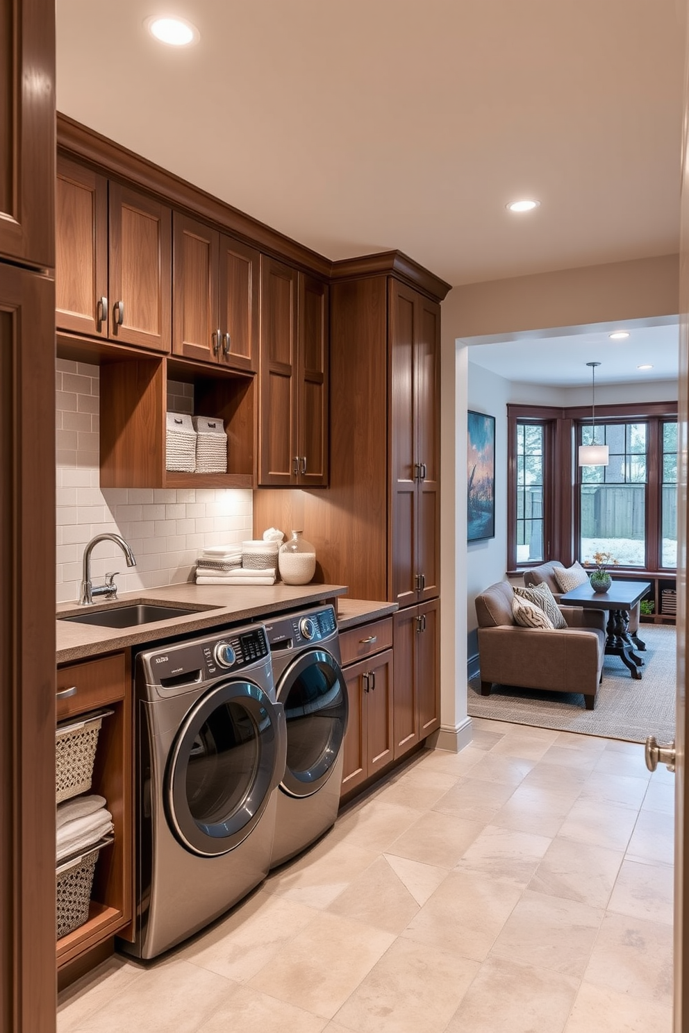 A functional laundry room with ample storage features custom cabinetry that extends to the ceiling. The space includes a large countertop for folding clothes, a deep sink for handwashing, and organized bins for sorting laundry. The walkout basement design incorporates large windows that allow natural light to flood the space. It features a cozy seating area with plush sofas, a small kitchenette for convenience, and a stylish bar for entertaining guests.