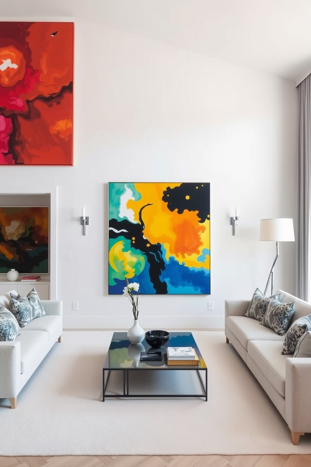 A classic white living room features a smooth textured wall that serves as a perfect backdrop for vibrant artwork. Large, colorful paintings in bold hues are strategically placed to create focal points, enhancing the room's elegance and artistic flair.