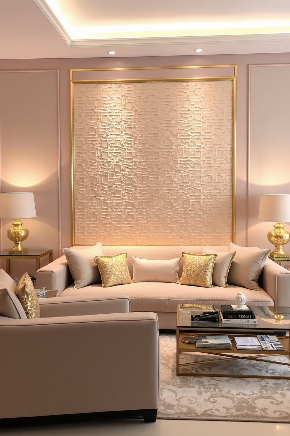 A living room featuring subtle beige walls adorned with elegant gold accents. The space is illuminated by soft lighting that highlights the textured wall design, creating a warm and inviting atmosphere. The furniture includes a plush beige sofa complemented by gold-finished side tables. Decorative pillows with gold patterns add a touch of luxury, while a stylish area rug ties the room together.