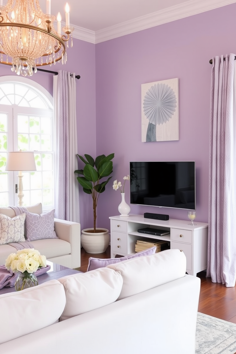 Soft lavender for a relaxing ambiance. The walls are painted in a soft lavender hue, creating a serene and inviting atmosphere. Wall paint design ideas for living room. Consider using a combination of soft lavender with white accents for a fresh and modern look.